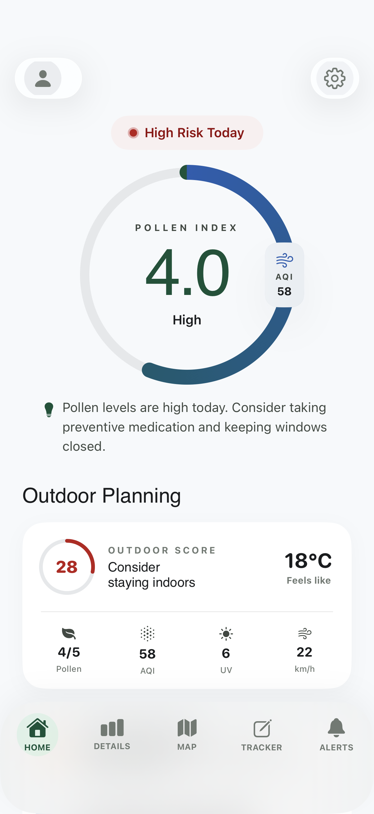 Aeras home screen — Pollen forecast · allergy tracker