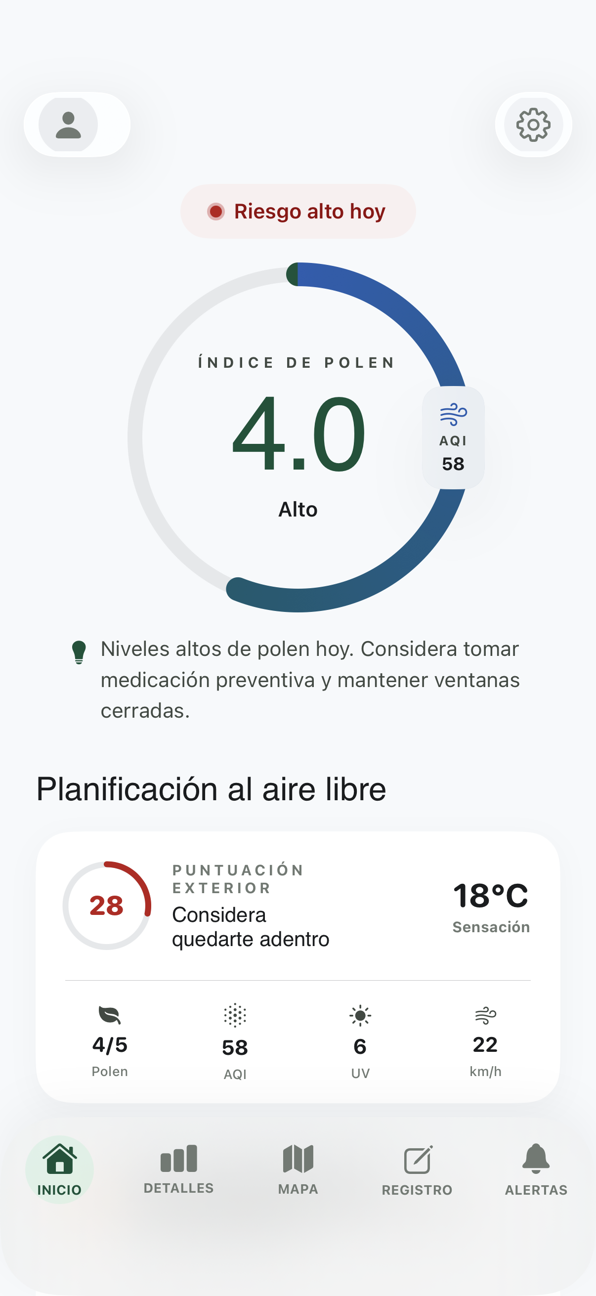 Aeras home screen — Pronóstico de polen · diario de alergias