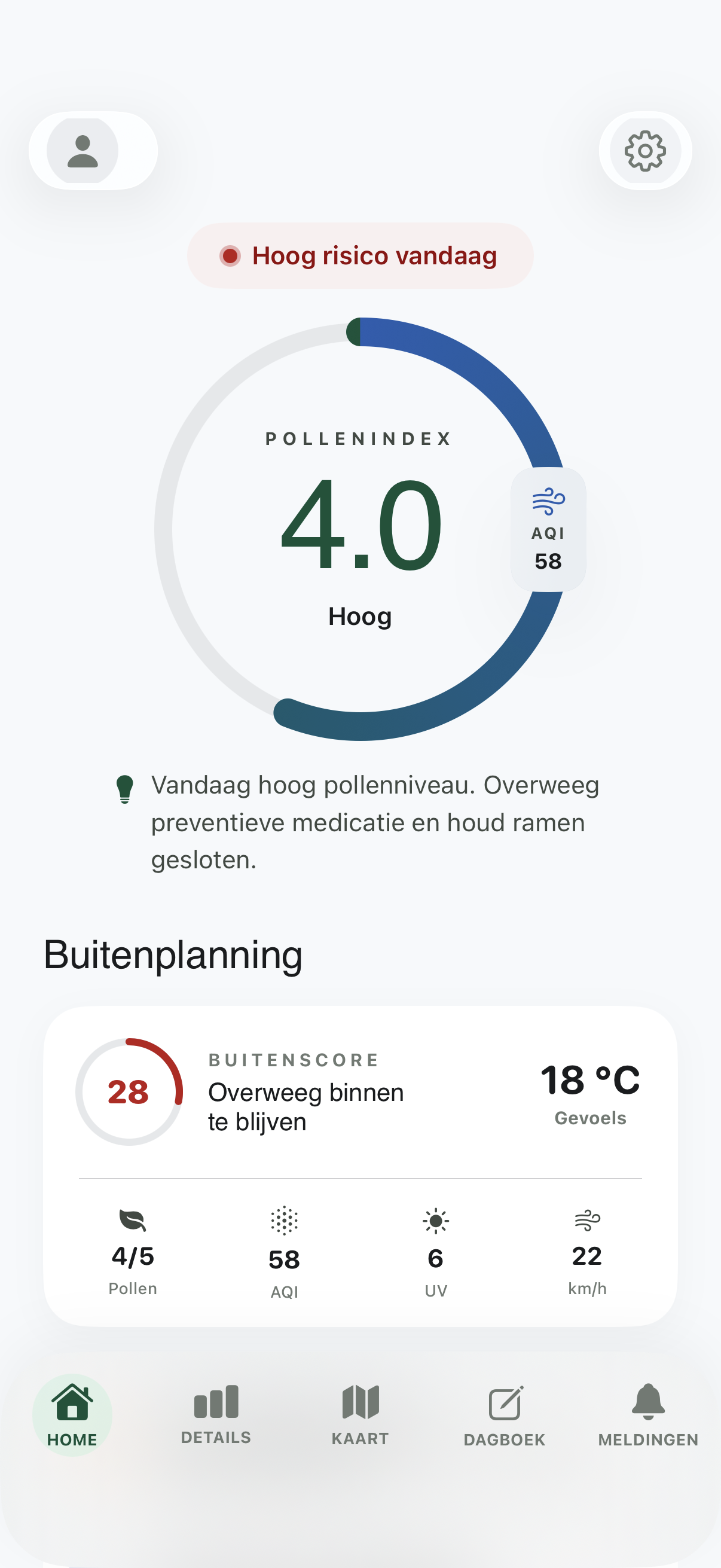 Aeras home screen — Pollenverwachting · hooikoorts-dagboek