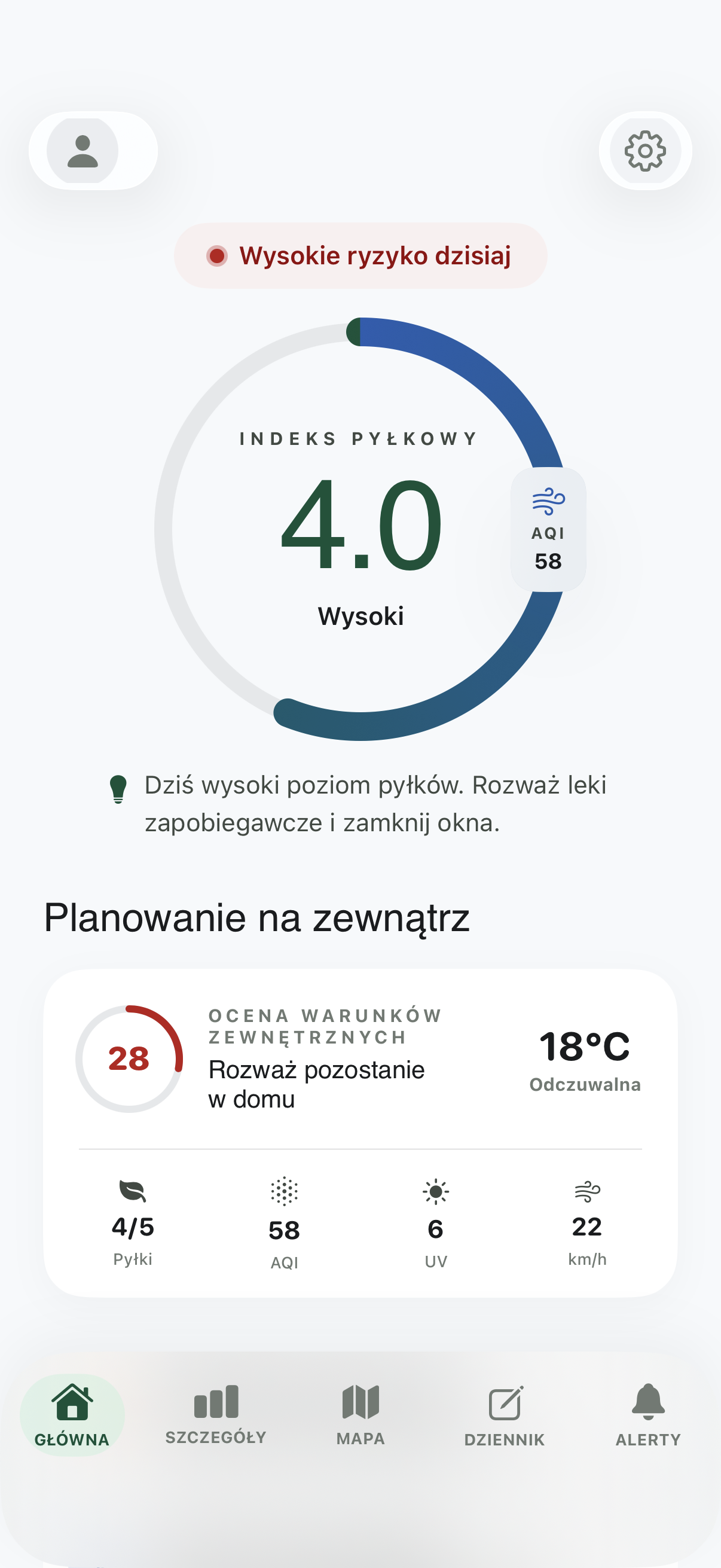 Aeras home screen — Prognoza pyłków · dziennik alergii